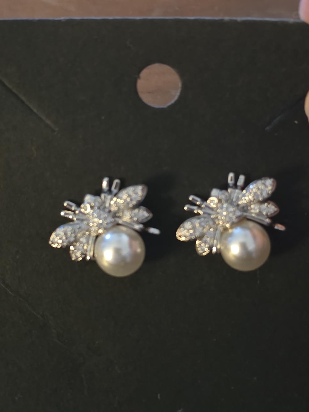 Pearl and Crystal Bee Stud Earrings - Silver Tone